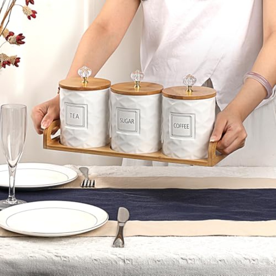 Set of 3 Ceramic Canisters Set - Coffee Tea Containers reseña y precio